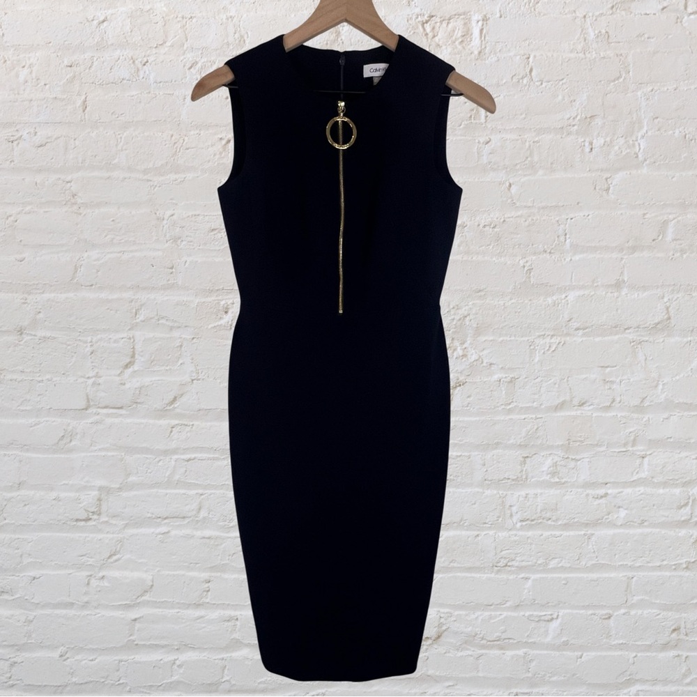 Calvin Klein Sleeveless Navy with Gold Front Zipper Dress, Size 2